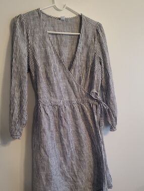 Old Navy Navy & White Striped Wrap Dress - Long Sleeve